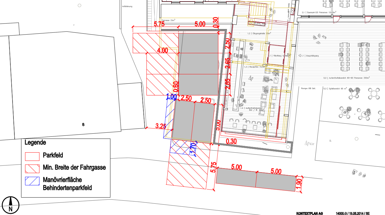 Abbildung 2: Ausschnitt aus SN 640 291a, minimale Abmessungen der Schräg- und Senkrechtparkfelder Gemäss Wettbewerbsprogramm wurden 5-7 Parkplätze gefordert.
