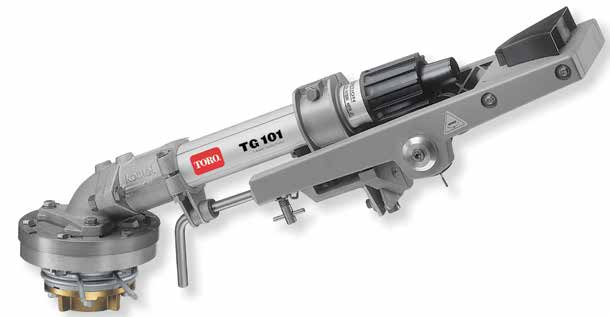 Serie TG101 Zulaufgröße: 50 mm, NPT oder BSP Wurfweite: 27,7-54,2 m Arbeitsdruckbereich: 2,8-6,5 bar Der Kanonenregner Toro TG101 mit großer Wurfweite ist ideal für Anwendungen, für die eine große