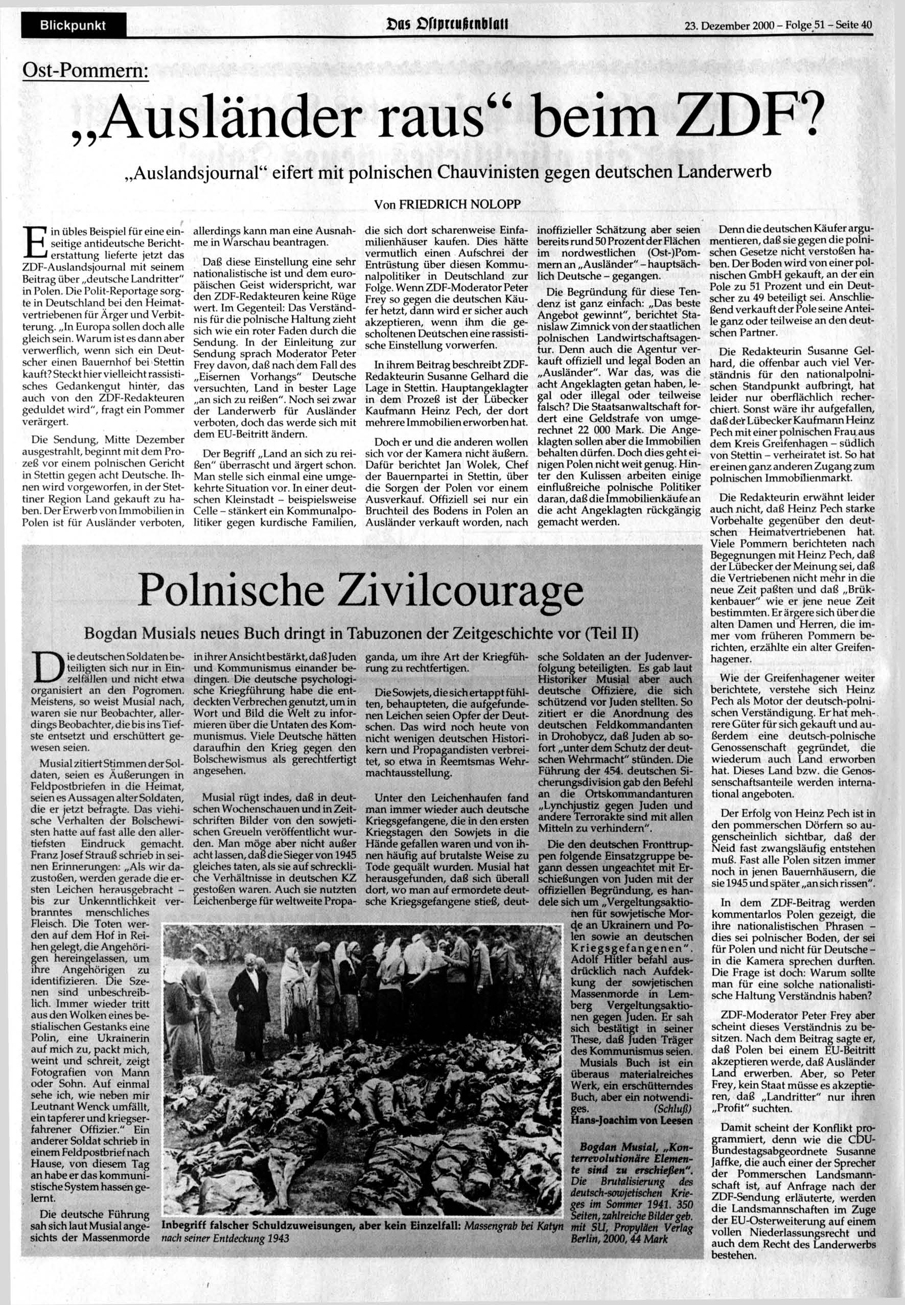 Blickpunkt Das Dfiprtufttnblaii 23. Dezember 2000 - Folge 51 - Seite 40 Ost-Pommern: Ausländer raus" beim Z D F?
