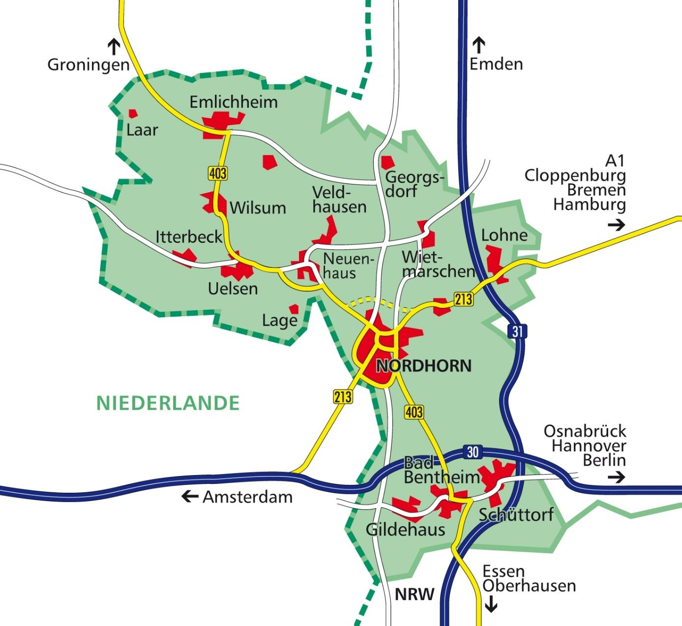 REK Region Grafschaft Bentheim Ausgangslage Abbildung 2: Straßennetz Quelle: Landkreis Grafschaft Bentheim Während im Mittelzentrum Nordhorn und in den acht Grundzentren die Versorgungsfunktionen
