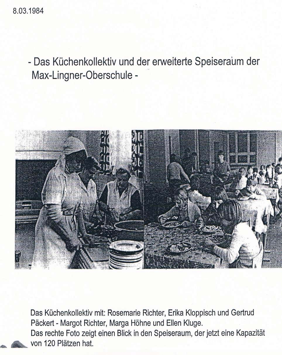 1984 Der neue Speiseraum hat Platz für 120 Kinder. 1987 Es lernen 537 Schüler an der Schule. In einem Fahnenapell zum Beginn des Schuljahres wird der 25. Jahrestag des Bestehens der Schule geehrt.