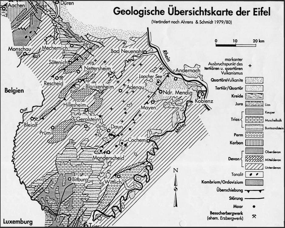 Überblick über die Eifel Die geologische Übersichtskarte (Abb. 1) zeigt in vereinfachter Form die geographische Begrenzung und die in Kapitel 2.2 genannten geologischen Verhältnisse.