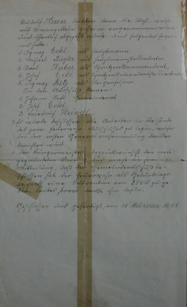 Verhandlungsschrift über die am 18. Februar 1908 im Hause des Herrn Bürgermeisters Sylvester Reicherstorfer abgehaltene Gründungsversammlung der Freiwilligen Feuerwehr Groß Weißenbach.