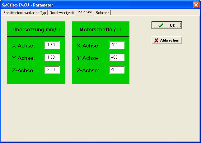 Maschine Das Erscheinungsbild der Dialogbox zur Eingabe der Maschinen- Parameter ergibt sich aus der Wahl des Schrittmotorsteuerkarten-Typs.