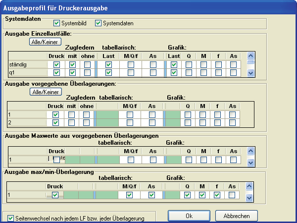 Balken auf elastischer Bettung Ausgabe Ausgabe von Systemdaten, Ergebnissen und Grafik auf Bildschirm oder Drucker. Über den Punkt Ausgabe in der Hauptauswahl starten Sie den Ausdruck bzw.