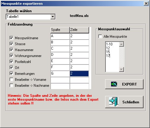 Messpunkte in ein Excel-File exportieren Wichtig: Um diese Funktion nutzen zu können, müssen Sie auf Ihrem PC MS- Excel installiert haben!