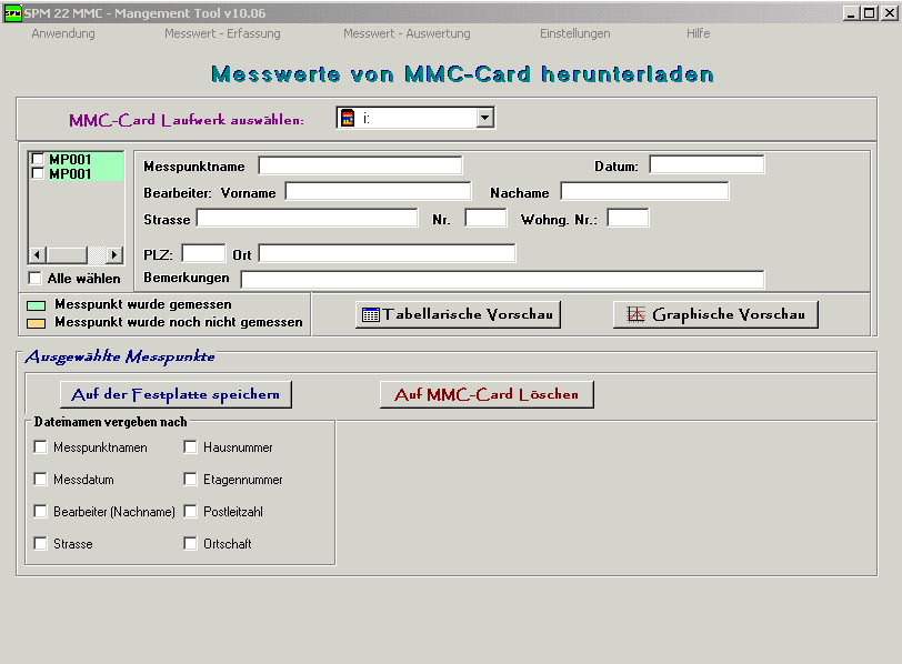 23) Nach dem Sie Ihre MultiMedia - Karte in den CardReader gesteckt haben, wählen Sie das MMC- Card Laufwerk aus. Es werden alle auf der MMC befindlichen Messpunkte angezeigt.