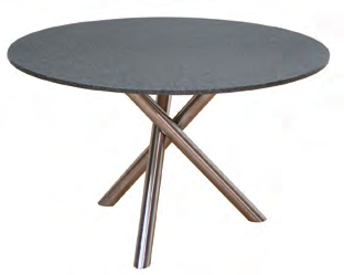 TISCH/TABLE TUBO Tisch TUBO ø 120 cm; Gestell Edelstahl, Platte Granit Serizzo gebürstet, Sessel LAURA Edelstahl, Textilbespannung schwarz.