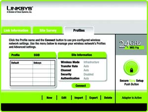 Profiles (Profili) La schermata Profiles (Profili) consente di salvare più profili di configurazione per diverse impostazioni di rete.