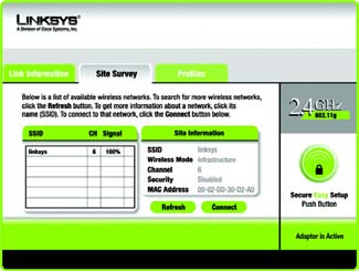 Site Survey (Platsöversikt) I fönstret Site Survey (Platsöversikt) visas en lista över tillgängliga nätverk i tabellen till vänster.