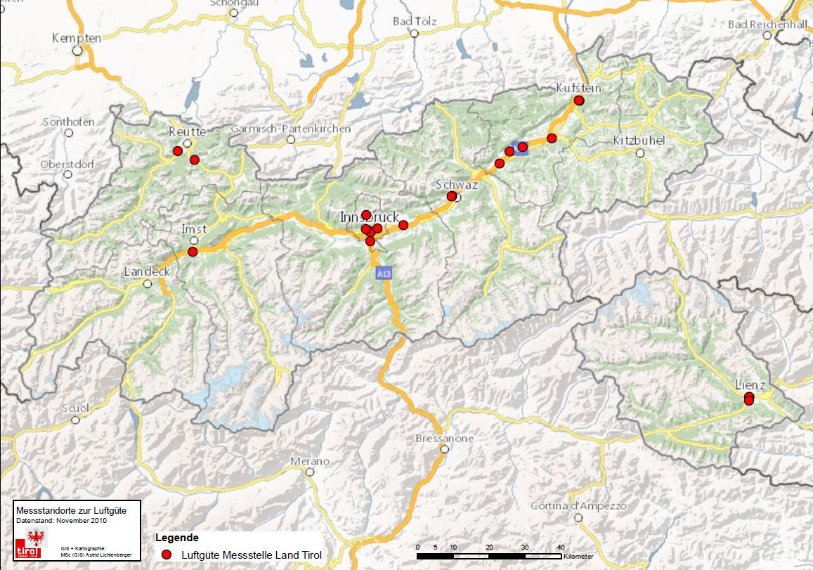 Fortschreibung 9a Programm Tirol Ausgangssituation 2.2 Luftgütemessung in Tirol 2.2.1 Lage der Luftgütemessstellen in Tirol Die Luftgütemessstellen in Tirol sind in den Statuserhebungen (siehe Kapitel 2.
