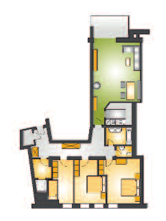 Kategorie C Kategorie D Gamsnest am Marktplatz Adlerhorst am Marktplatz 40-44 m 2 für 2-4 Personen Ein Schlafzimmer und ein Wohnraum mit einem hochwertigen Doppel-Schlafsofa, voll ausgestattete