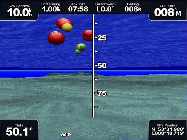 Karten und 3D-Kartenansichten Fish Eye 3D Mithilfe der Tiefenlinien der Kartografie von BlueChart g2 Vision bietet Fish Eye 3D eine Unterwasseransicht des Meeres- oder Seebodens.
