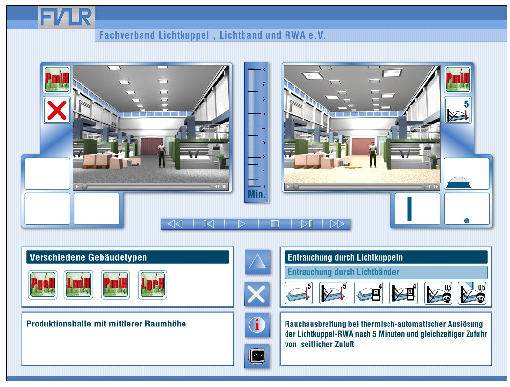 Beispiel: Rechte Bildschirmseite: Entrauchung über Lichtkuppeln bei einer ausgewählten Produktionshalle mit mittlerer Raumhöhe (PmiH) und Rauchschutztechnik durch thermisch-automatische Auslösung der