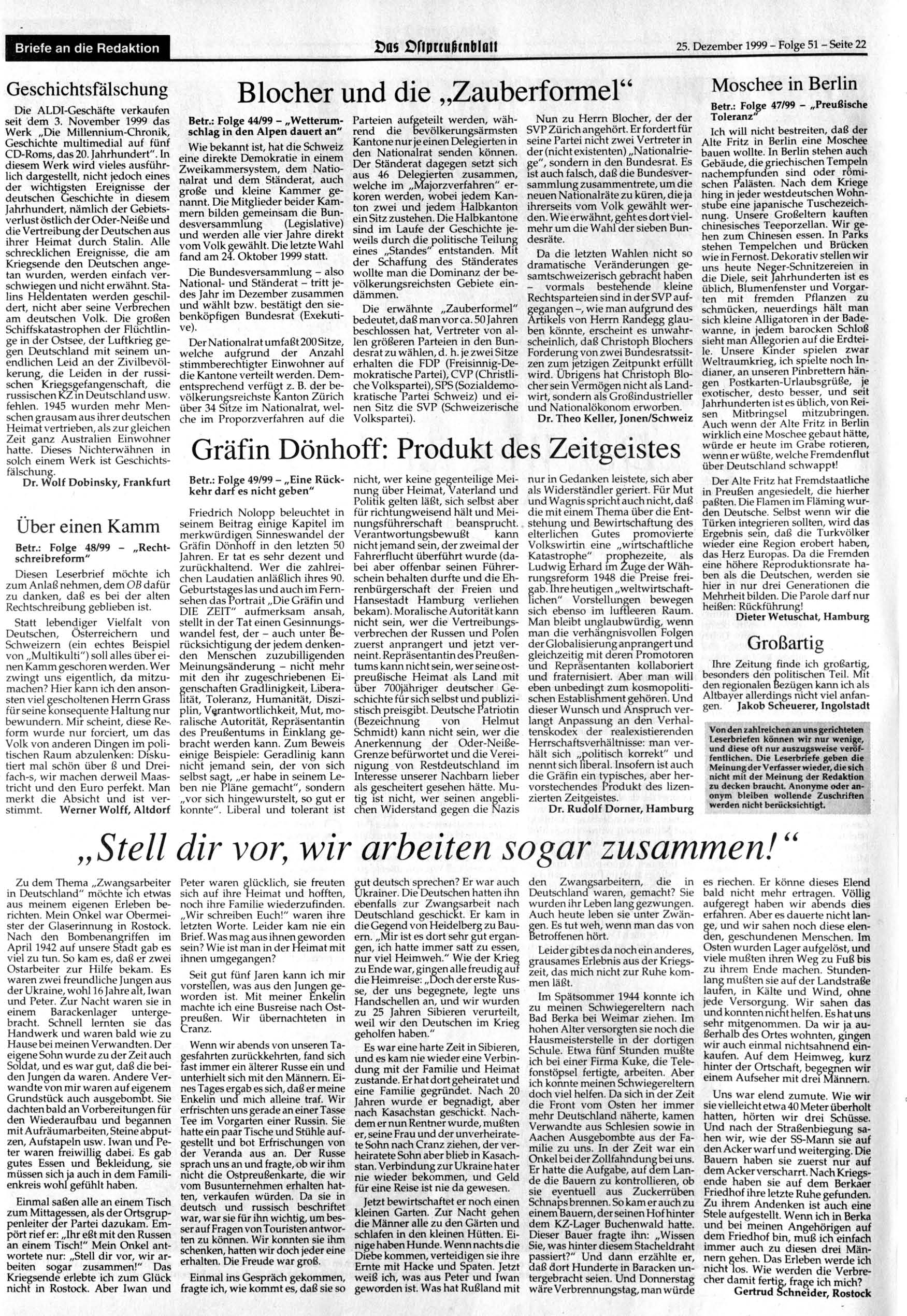 Briefe an die Redaktion >as Ofiprtußtnblalt 25. Dezember 1999 - Folge 51 - Seite 22 Geschichtsfälschung Die ALD-Geschäfte verkaufen seit dem 3.