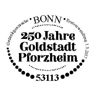 1. erstverwendungsstempel gedenkganzsache Thema: 250 Jahre Goldstadt Pforzheim Art: Briefumschlag 250 Jahre Goldstadt Pforzheim Erstverwendungstag 01.03.