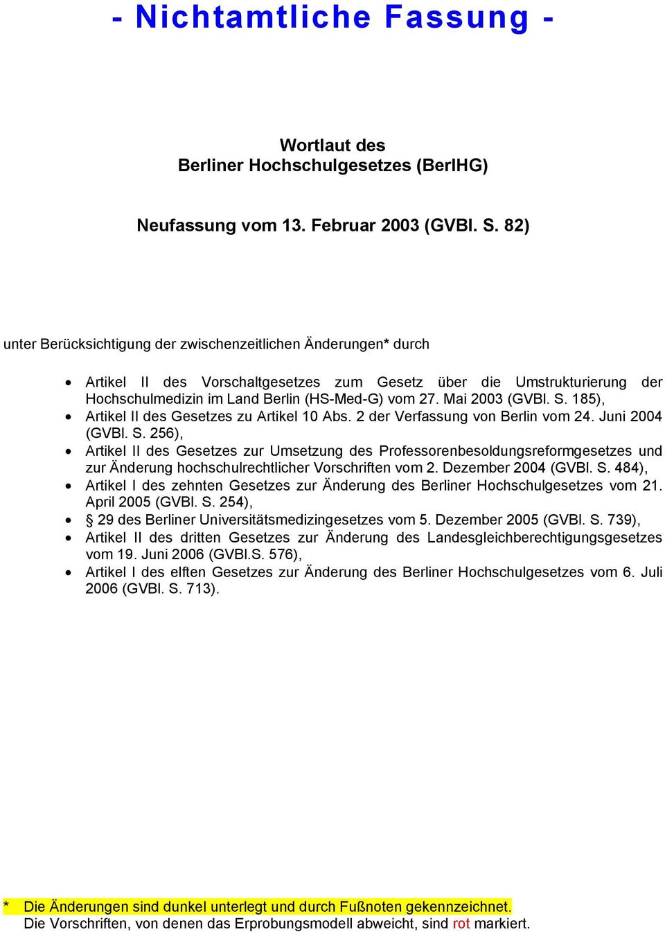 Mai 2003 (GVBl. S. 185), Artikel II des Gesetzes zu Artikel 10 Abs. 2 der Verfassung von Berlin vom 24. Juni 2004 (GVBl. S. 256), Artikel II des Gesetzes zur Umsetzung des Professorenbesoldungsreformgesetzes und zur Änderung hochschulrechtlicher Vorschriften vom 2.