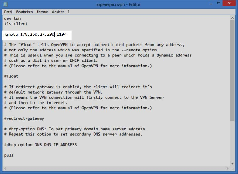 Ändern Sie die Zeile: remote YOUR_SERVER_IP 1194 und tragen Sie, anstatt YOUR_SERVER_IP die IP-Adresse Ihres Synology