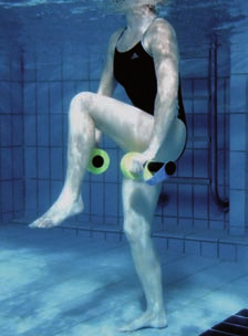 1.4.1 Übung zur Stärkung der Oberarme, des Schulterbereichs und der Beinmuskulatur Pamps mit beiden Händen an der Scheibe greifen, Griff ist kurz vor der Wasseroberfläche vor der Brust, Pamps nach