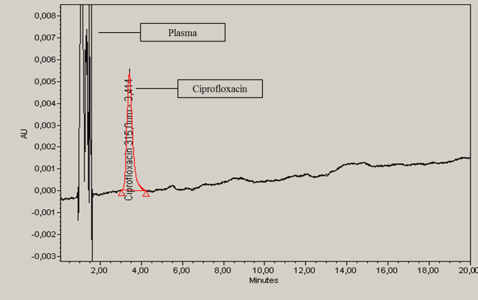 4 Ergebnisse 59 Beispielhafte Chromatogramme der Bestimmung von Ciprofloxacin sind bei 280 nm (Abbildung 15) und 315 nm (Abbildung 16)