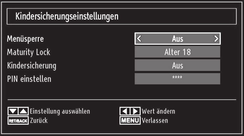 Spracheinstellungen Um die Jugendschutz-Menüoptionen anzuzeigen, muss die PIN-Zahl eingegeben. Die werksseitige PIN-Zahl ist 4725.