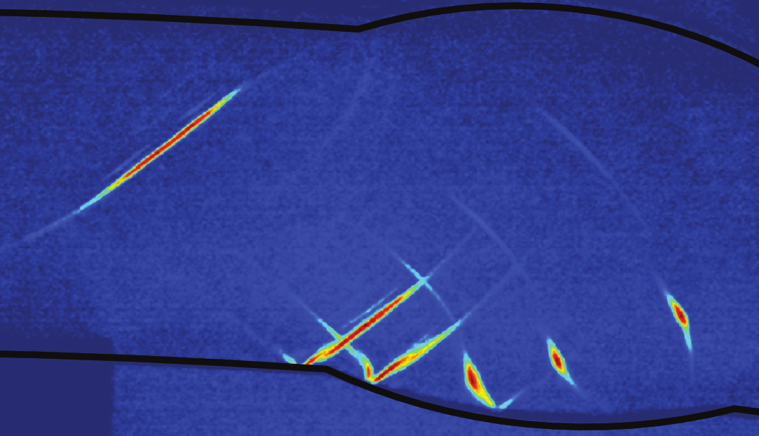 Abbildung 1: Wellenfronten einer Ultraschallwelle zu verschiedenen Zeitpunkten, aufgenommen in einer Glasprobe mit der Geometrie einer UP-Schweißnaht zur Visualisierung der Wellenausbreitung bei