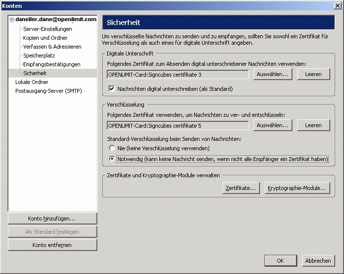 Sie haben alle Sicherheitseinstellungen für Thunderbird vorgenommen und können das Fenster mit OK schließen. 10.3.