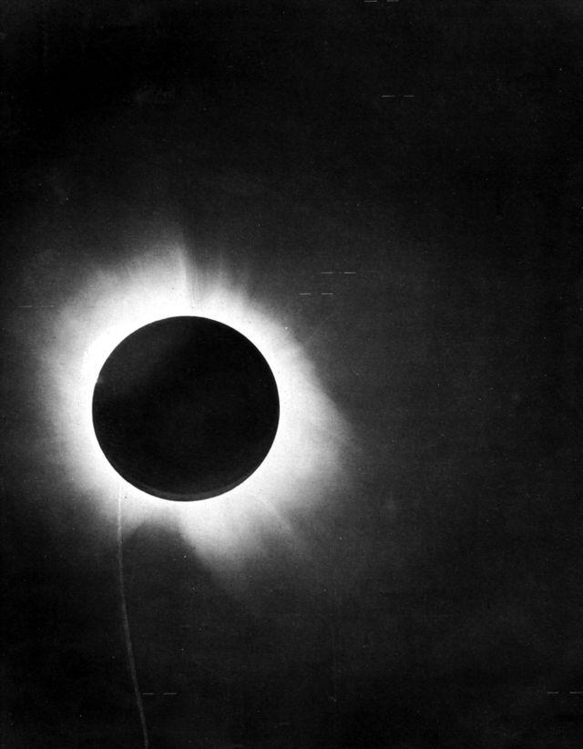 One of Eddington's photographs of the total solar eclipse of 29 May 1919, presented in his 1920 paper announcing its success, confirming Einstein's