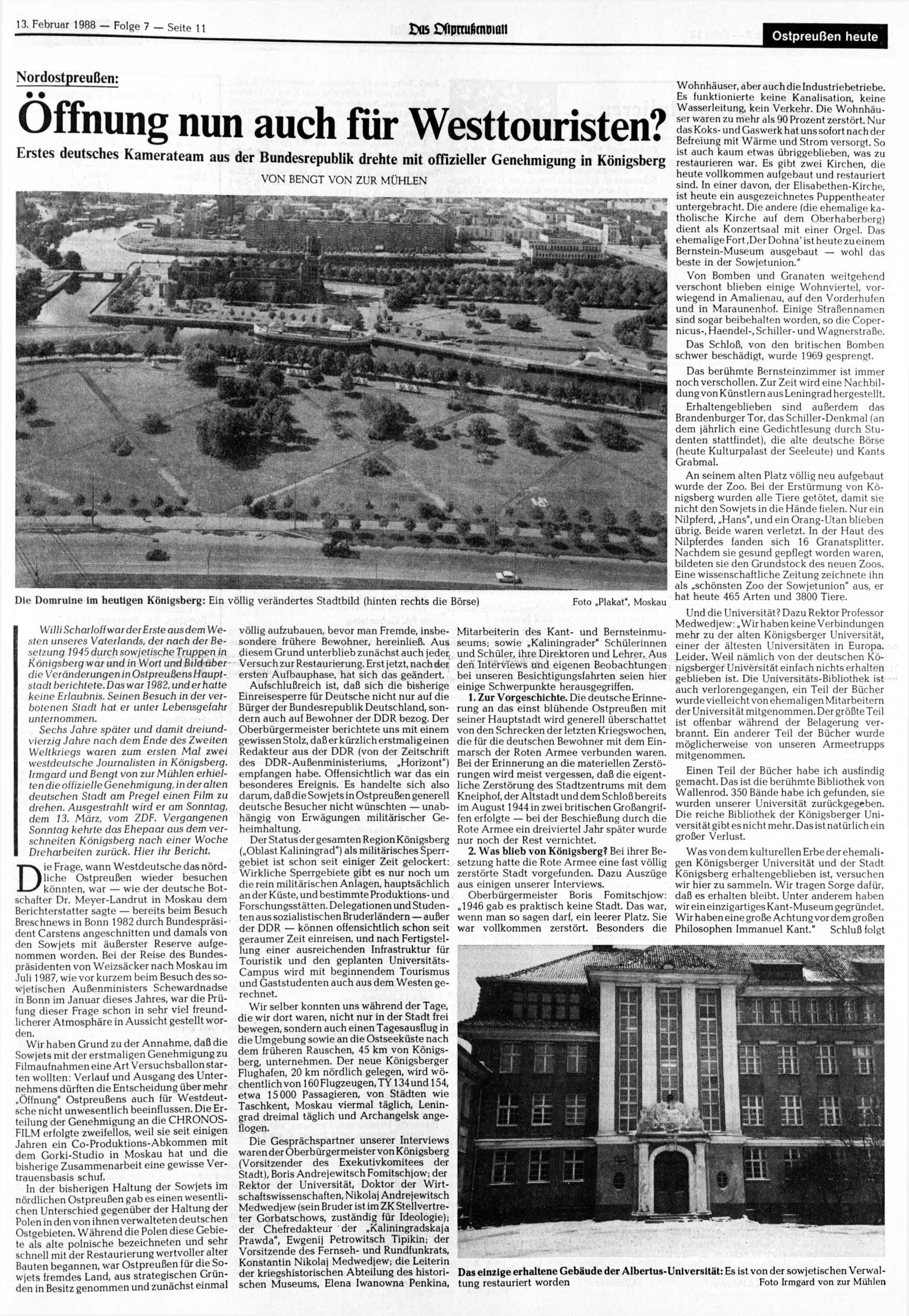 13. Februar 1988 Folge 7 Seite 11 os Ciipnuficnoiaii Ostpreußen heute Nordostpreußen: Öffnung nun auch für Westtouristen?