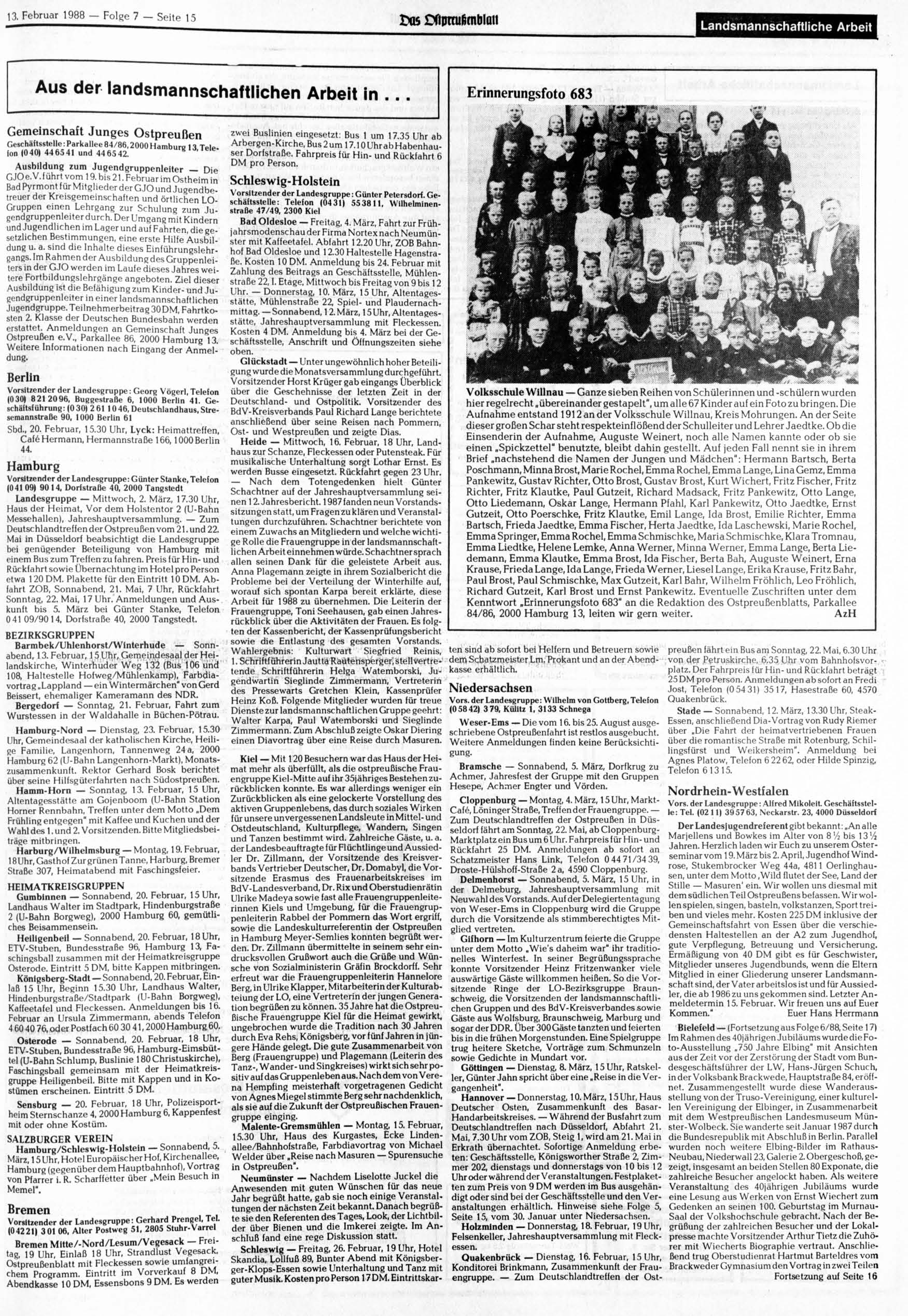 13. Februar 1988 - Folge 7 - Seite 15 ^60101011 Landsmannschaftliche Arbeit Aus der landsmannschaftlichen Arbeit in.