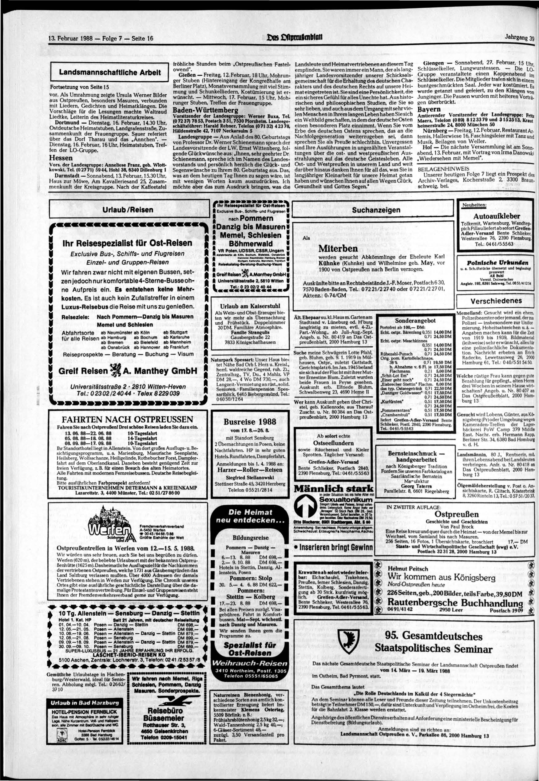 13. Februar 1988 Folge 7 Seite 16 as OßjKtufimblQti Jahrgang 39 Landsmannschaftliche Arbeit Fortsetzung von Seite 15 vor.