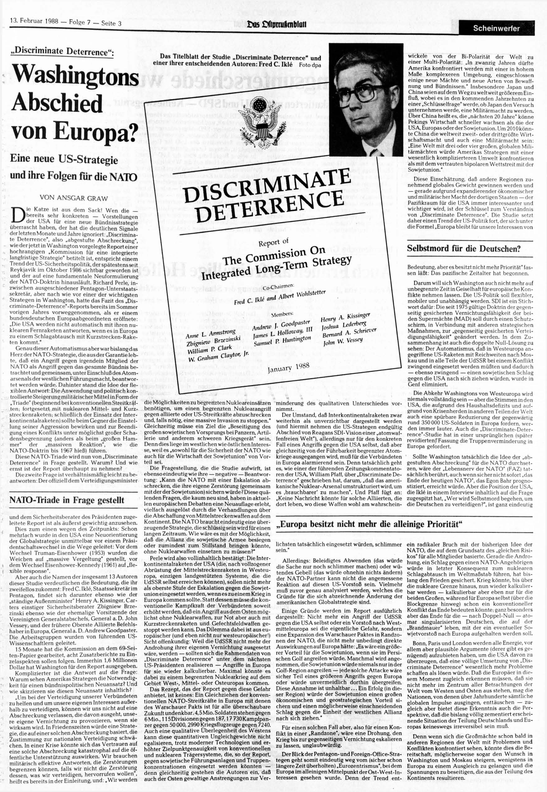 13. Februar 1988 Folge 7 Seite 3 u5 Cftpraifintblatt Scheinwerfer Discriminate Deterrence"? Washingtons Abschied von Europa?