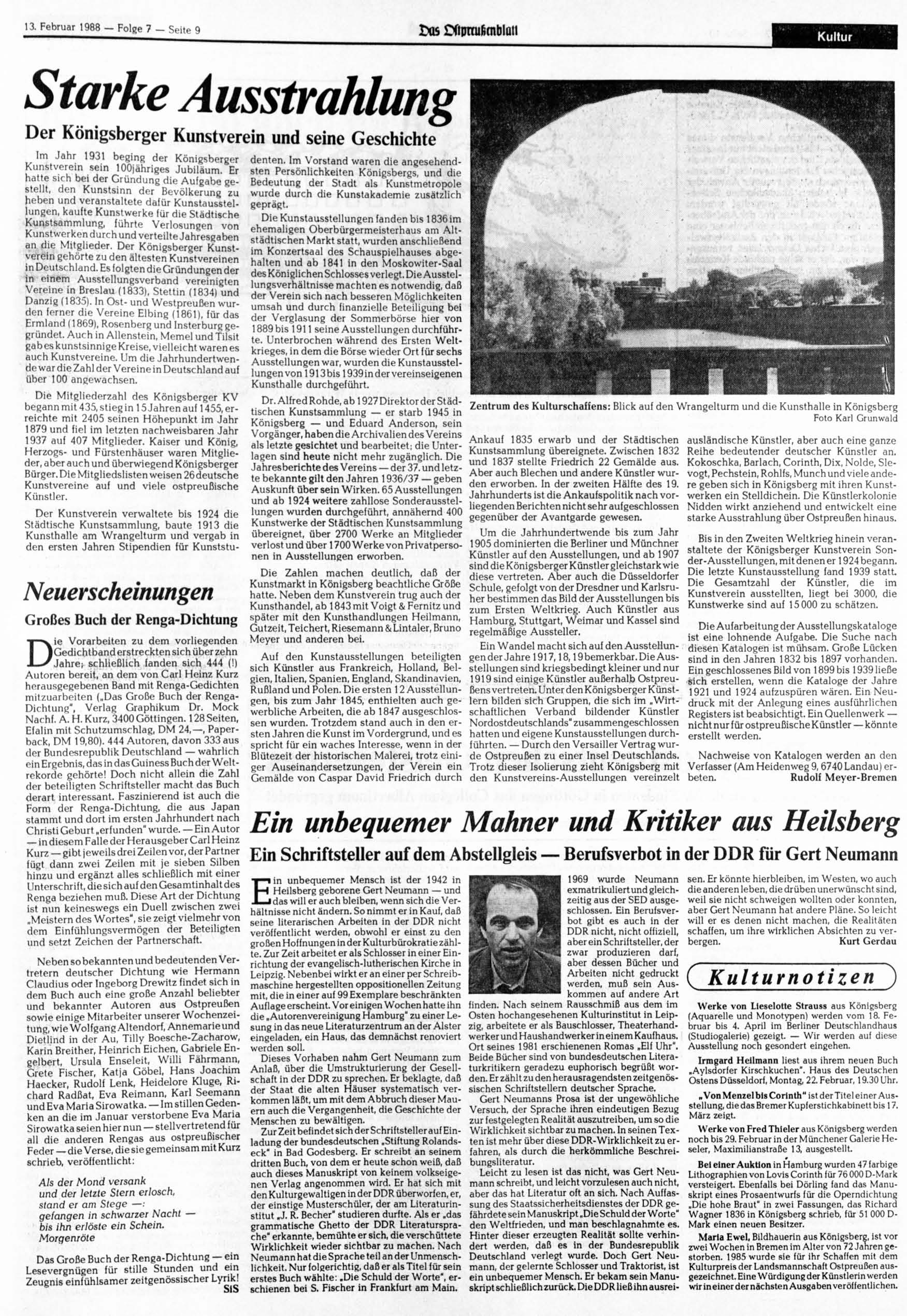 13. Februar 1988 Folge 7 Seite 9 Ixis IXtumifimblütl Starke Ausstrahlung Der Königsberger Kunstverein und seine Geschichte Im Jahr 1931 beging der Königsberger Kunstverein sein loojähriges Jubiläum.