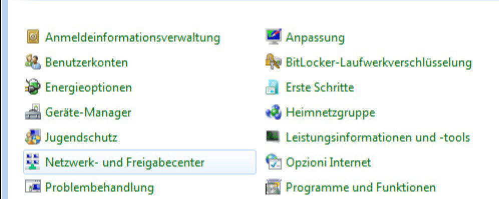 3 Konfiguration Im Menü Start / Systemsteuerung. 4 - "Netzwerk- und Freigabecenter" anklicken.