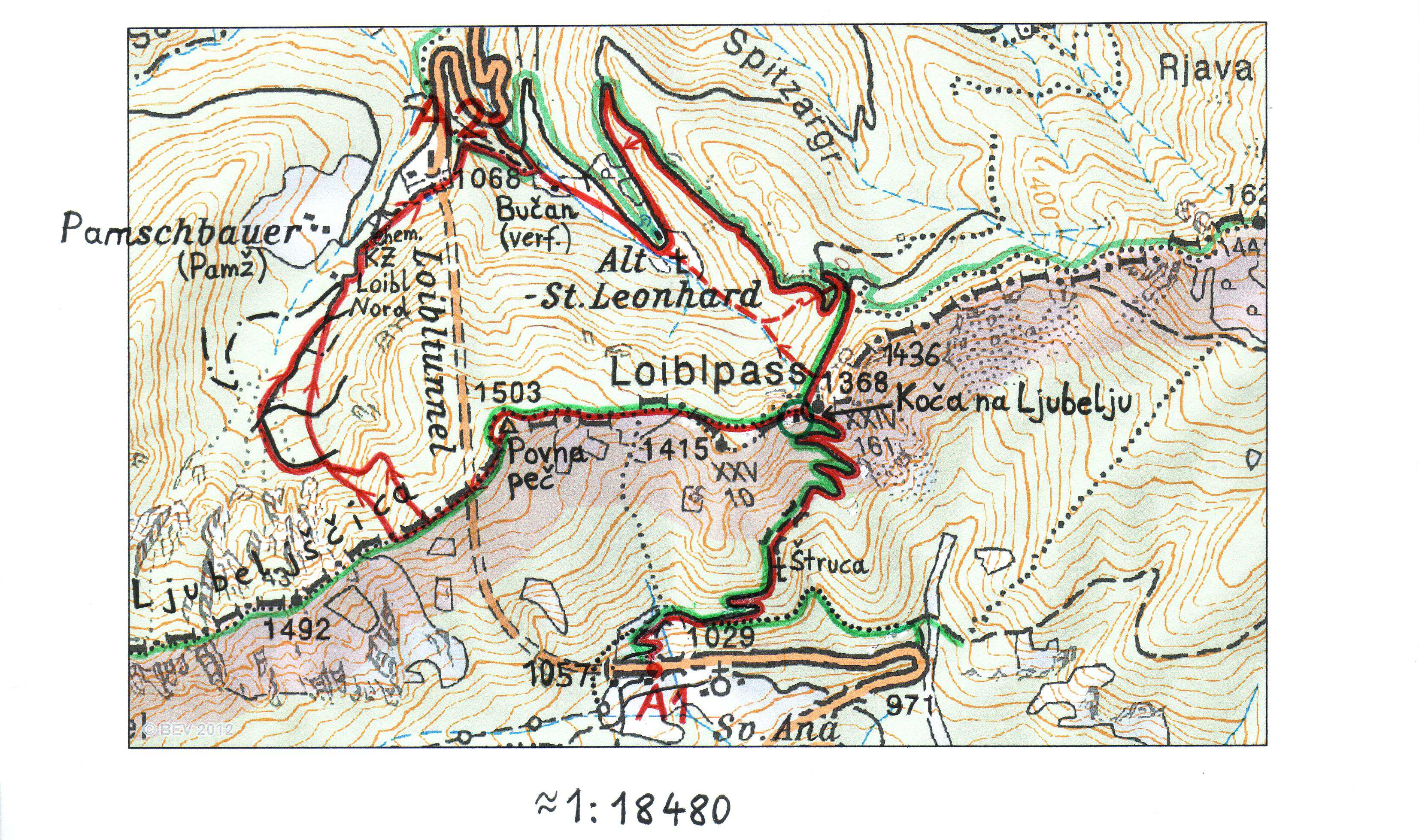 Skitour Povna peč (Polna peč, Ravna peč, Rovna peč), 1503 m Karawanken - Hochstuhl-Gruppe Legende (ÖK): rote Linie = Skitour; rot strichlierte Linie = Variante; roter Pfeil = empfohlene Richtung;