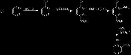 Man kann also Anilin als Startmaterial wählen und eine Sulfonierung, gefolgt von einer Diazotierung und einer Sandmeyer Reaktion durchführen.