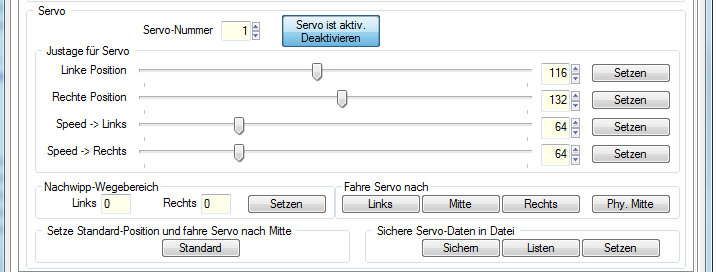 Servo einstellen: Zum Einstellen der einzelnen Servos muss zuerst der entsprechende Servo (1 bis 8) aktiviert werden.