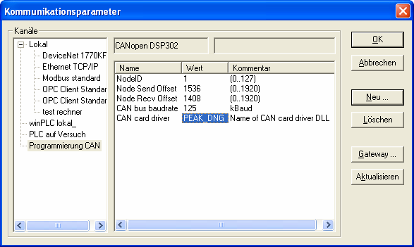 2.4 Eintrag der DLL in der Kommunikations-Dialogbox unter CoDeSys Zur Programmierung über den CAN müssen in dem CoDeSys Kommunikationsparameter-Dialogbox die Einstellungen