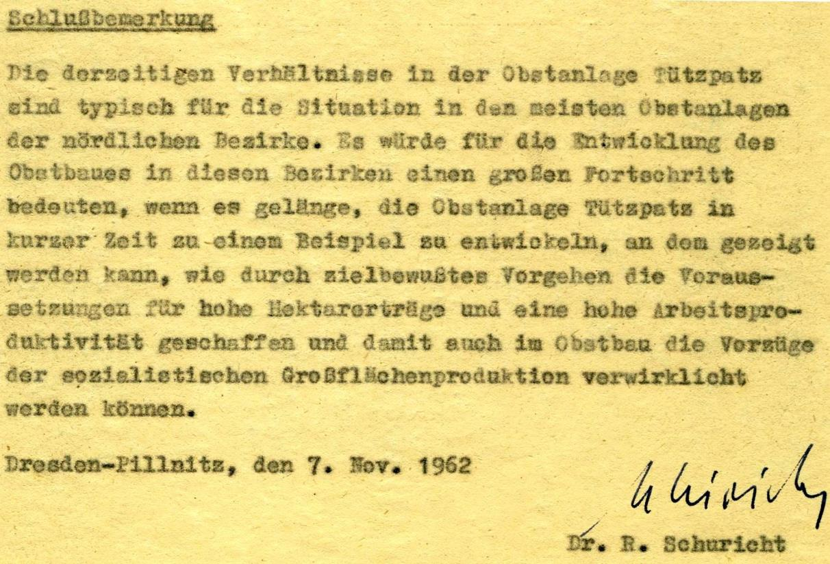 Abb. 6: Aus Gutachten zum Obstbau in Tützpatz (SCHURICHT, 1962) Als schon damals anerkannter Obstbauwissenschaftler konnte sich Dr.