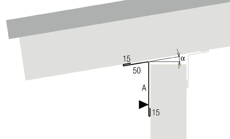 Dach-Wand-Anschlüsse Allgemein Abdeckblech Innen Wand zu Dach 0,75 mm Bei der Bestellung muss der Dachneigungswinkel α angegeben werden. Bereich: 3 < α < 30 Bestell-Nr.