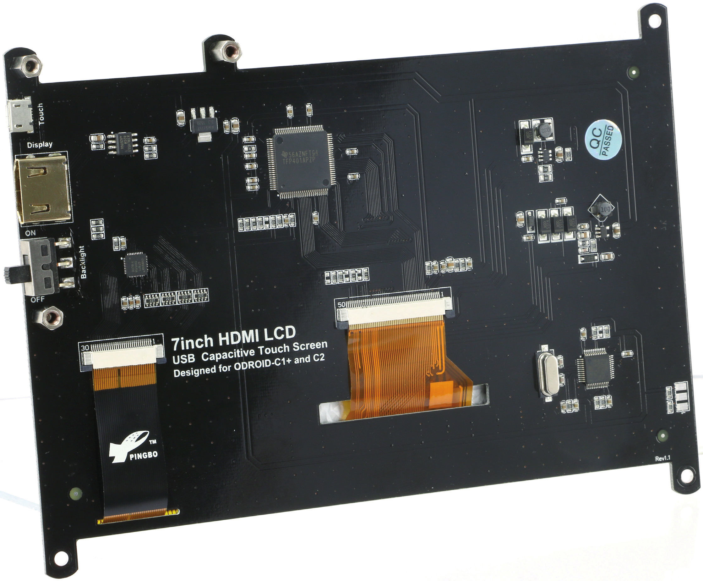Bestimmungsgemäße Verwendung TFT-LCD-Display mit HDMI-Eingang und kapazitivem USB-Touchscreen. Der ODROID-C1+ kann direkt auf das Display montiert und über Adapter angesteckt werden.