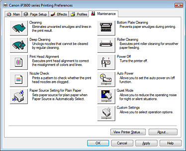 Erweitertes Handbuch > Drucken über den Computer > Drucken mit anderer Anwendungssoftware > Überblick über den Druckertreiber > Canon IJ-Druckertreiber > Registerkarte "Wartung" (Maintenance)