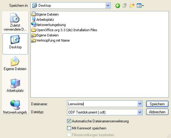 4d Ich kann Texte schreiben, auf dem Desktop speichern und das Schreibprogramm beenden. Nun öffnet sich ein neues Fenster. Wähle Desktop. Klicke in die Zeile für Dateiname.