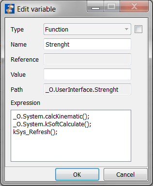 Für die Funktion Kinematik ist folgendes einzugeben: Der Funktionsname Kinematik erscheint im User Interface, hat aber sonst keine Bedeutung. _O.System.