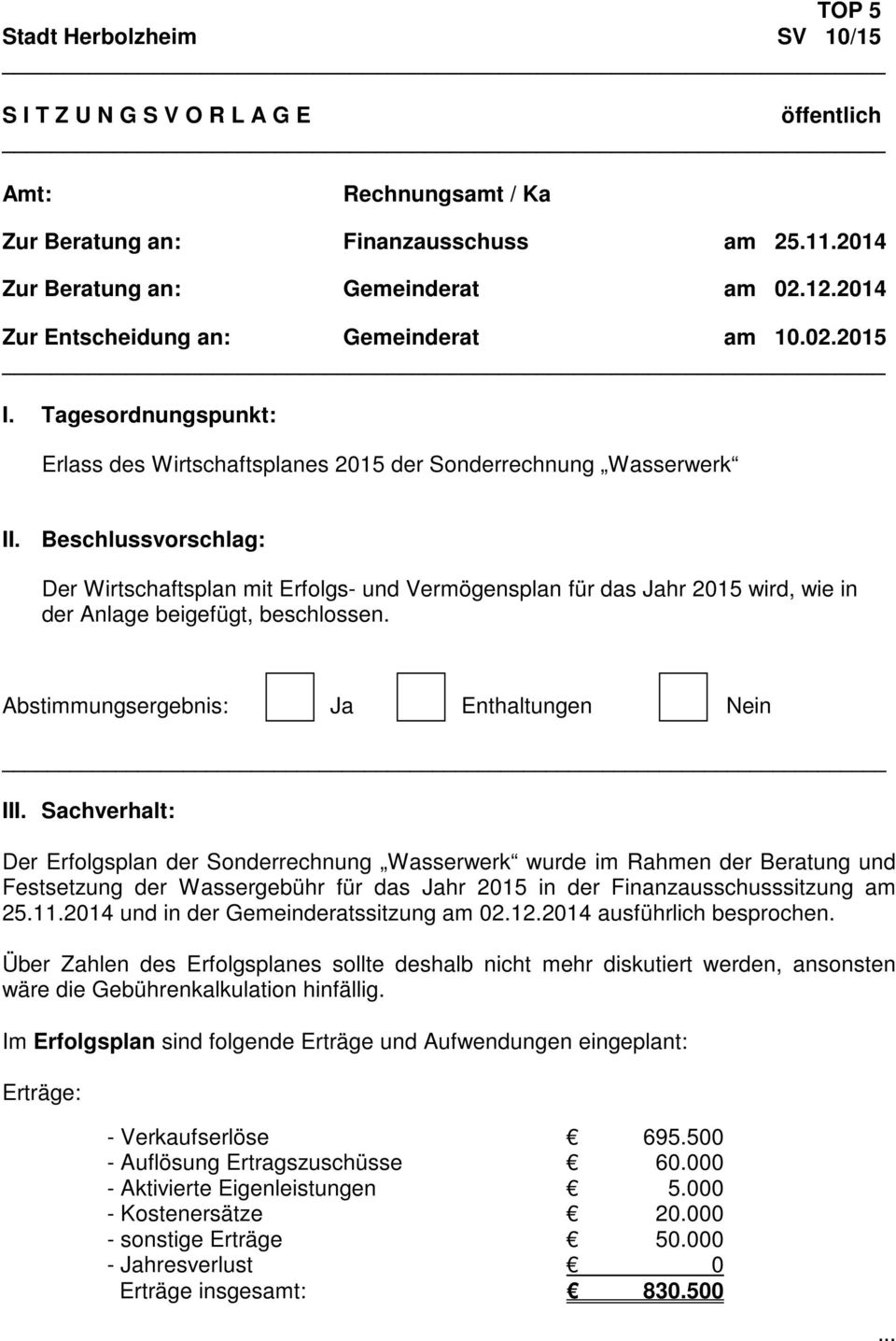 Beschlussvorschlag: Der Wirtschaftsplan mit Erfolgs- und Vermögensplan für das Jahr 2015 wird, wie in der Anlage beigefügt, beschlossen. Abstimmungsergebnis: Ja Enthaltungen Nein III.