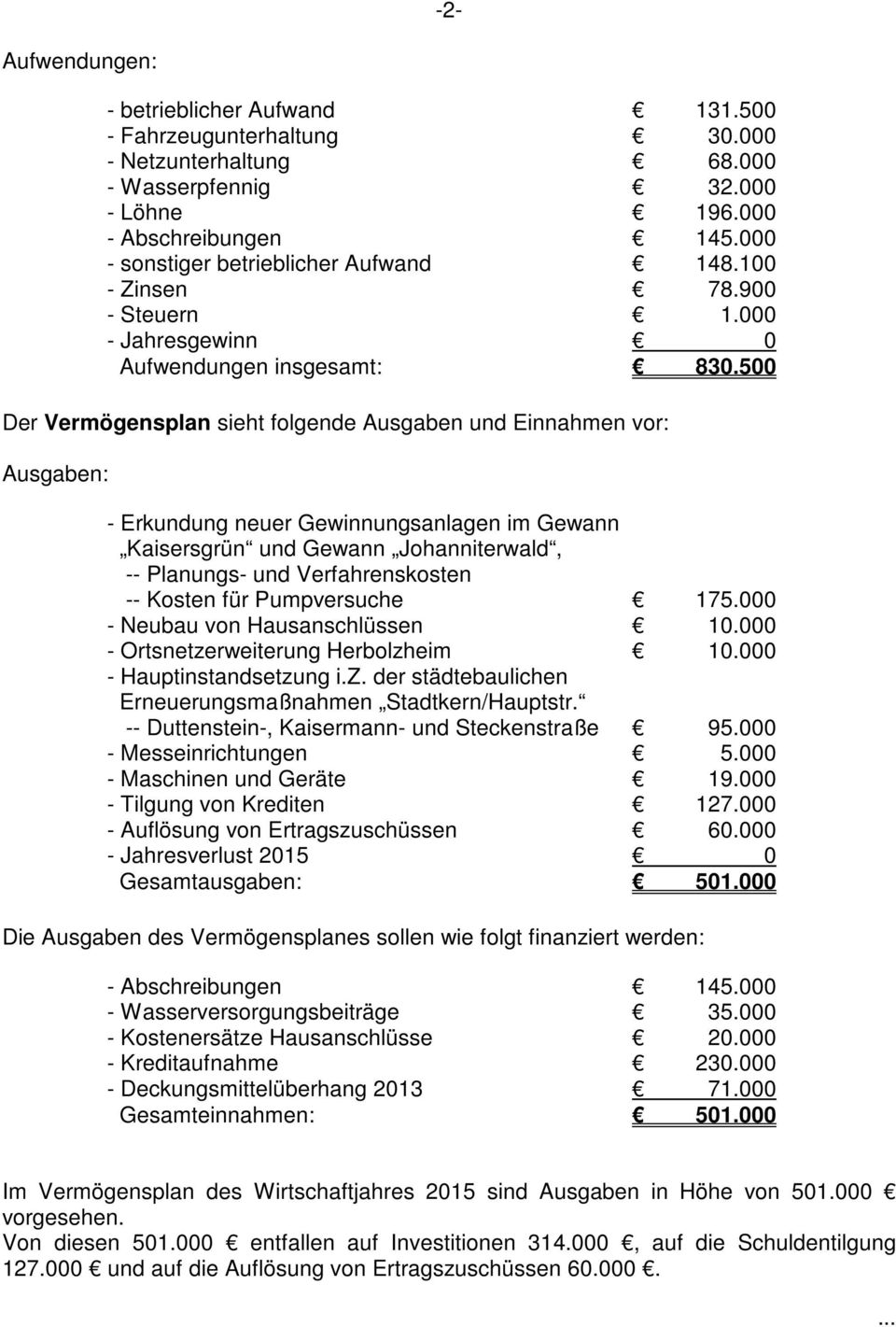 500 Der Vermögensplan sieht folgende Ausgaben und Einnahmen vor: Ausgaben: - Erkundung neuer Gewinnungsanlagen im Gewann Kaisersgrün und Gewann Johanniterwald, -- Planungs- und Verfahrenskosten --