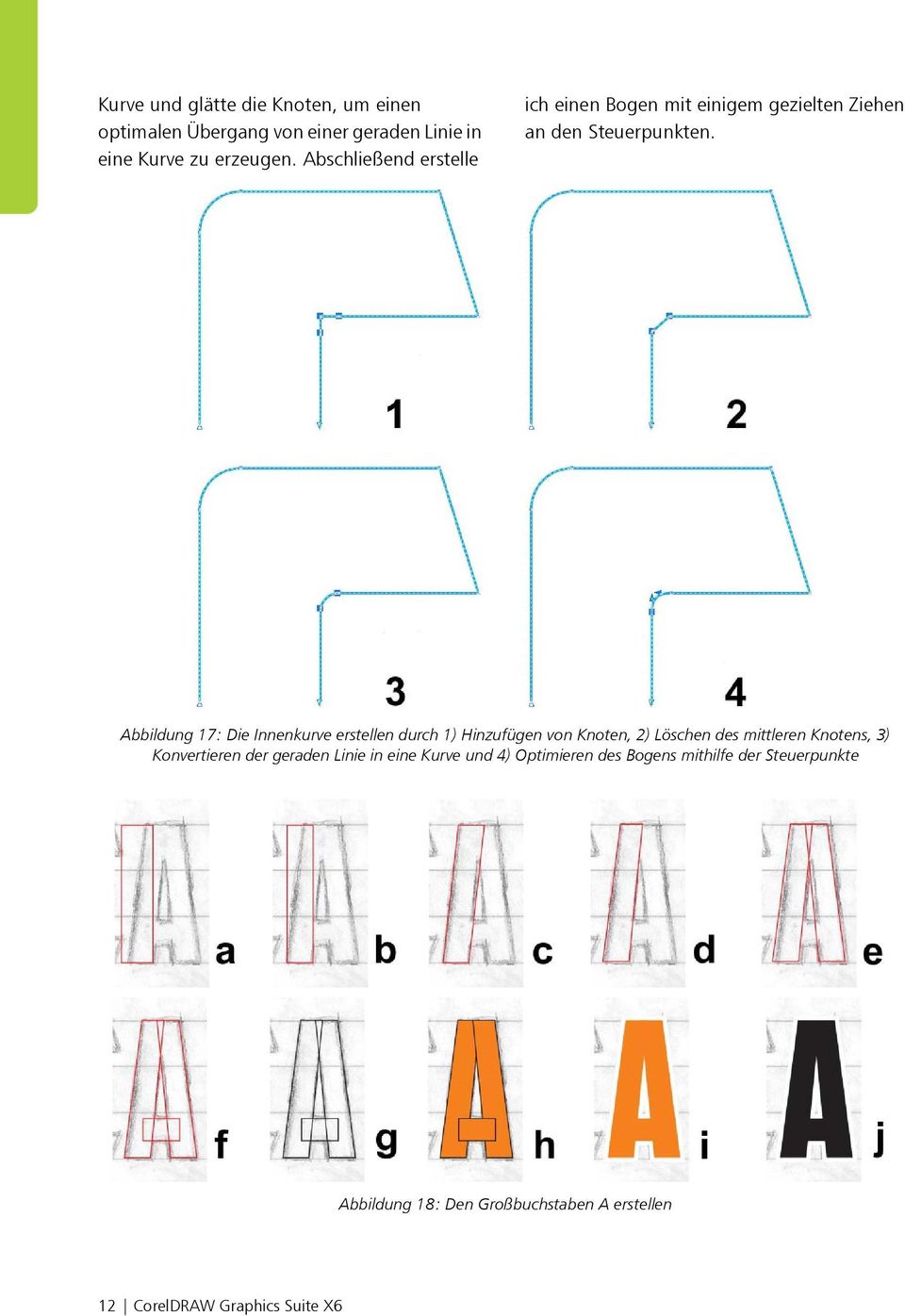 Abbildung 17: Die Innenkurve erstellen durch 1) Hinzufügen von Knoten, 2) Löschen des mittleren Knotens, 3)