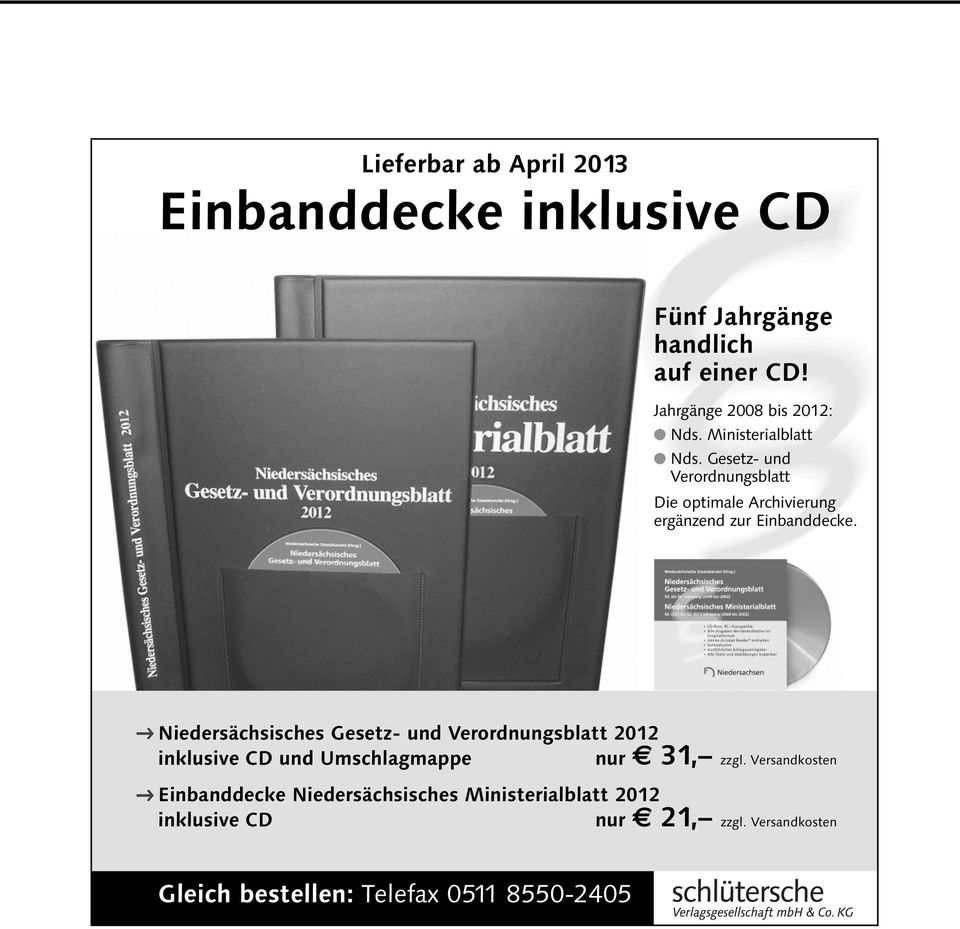a Niedersächsisches Gesetz- und Verordnungsblatt 2012 inklusive CD und Umschlagmappe nur zzgl.