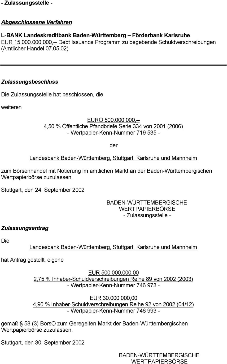 Öffentliche Pfandbriefe Serie 334 von 2001 (2006) - Wertpapier-Kenn-Nummer 719 535 - Landesbank Baden-Württemberg, Stuttgart, Karlsruhe und Mannheim zum Börsenhandel mit Notierung im amtlichen Markt