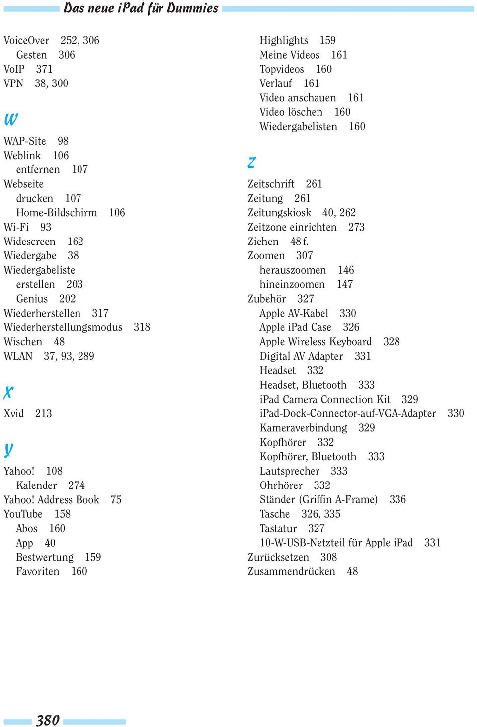 Address Book 75 YouTube 158 Abos 160 Bestwertung 159 Favoriten 160 Z Highlights 159 Meine Videos 161 Topvideos 160 Verlauf 161 Video anschauen 161 Video löschen 160 Wiedergabelisten 160 Zeitschrift